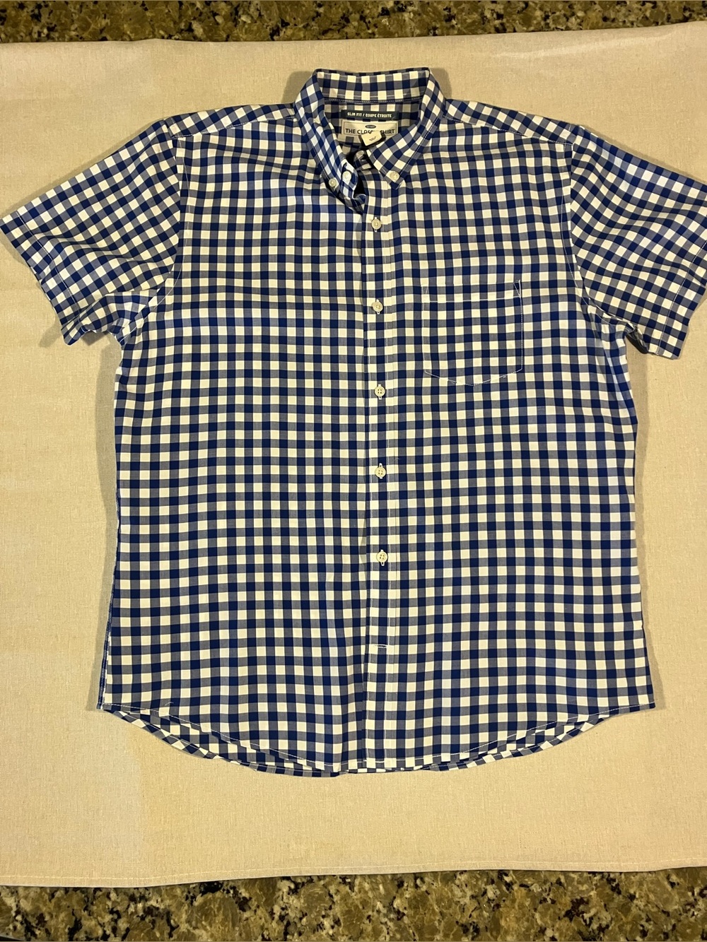 Old Navy Short Sleeve Men’s Classic Shirt Slim Fit Blue & White Gingham – Large